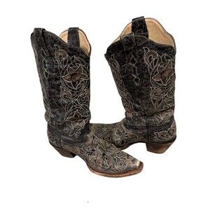 Corral  Black Inlay Brown Stitch Leather Western Boots 9 Snip Toe Cowgirl